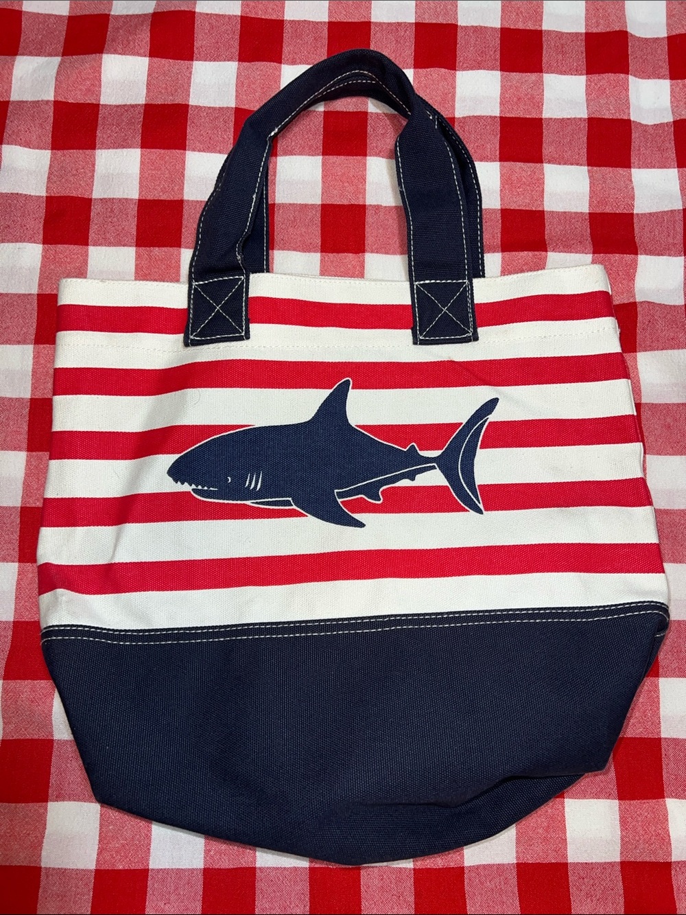 Pottery Barn Kids Canvas Striped Shark Tote Bag in Red, White & Navy